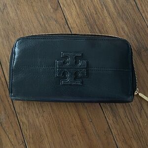 Tory Burch Black Leather Zip Around Long Black Wallet